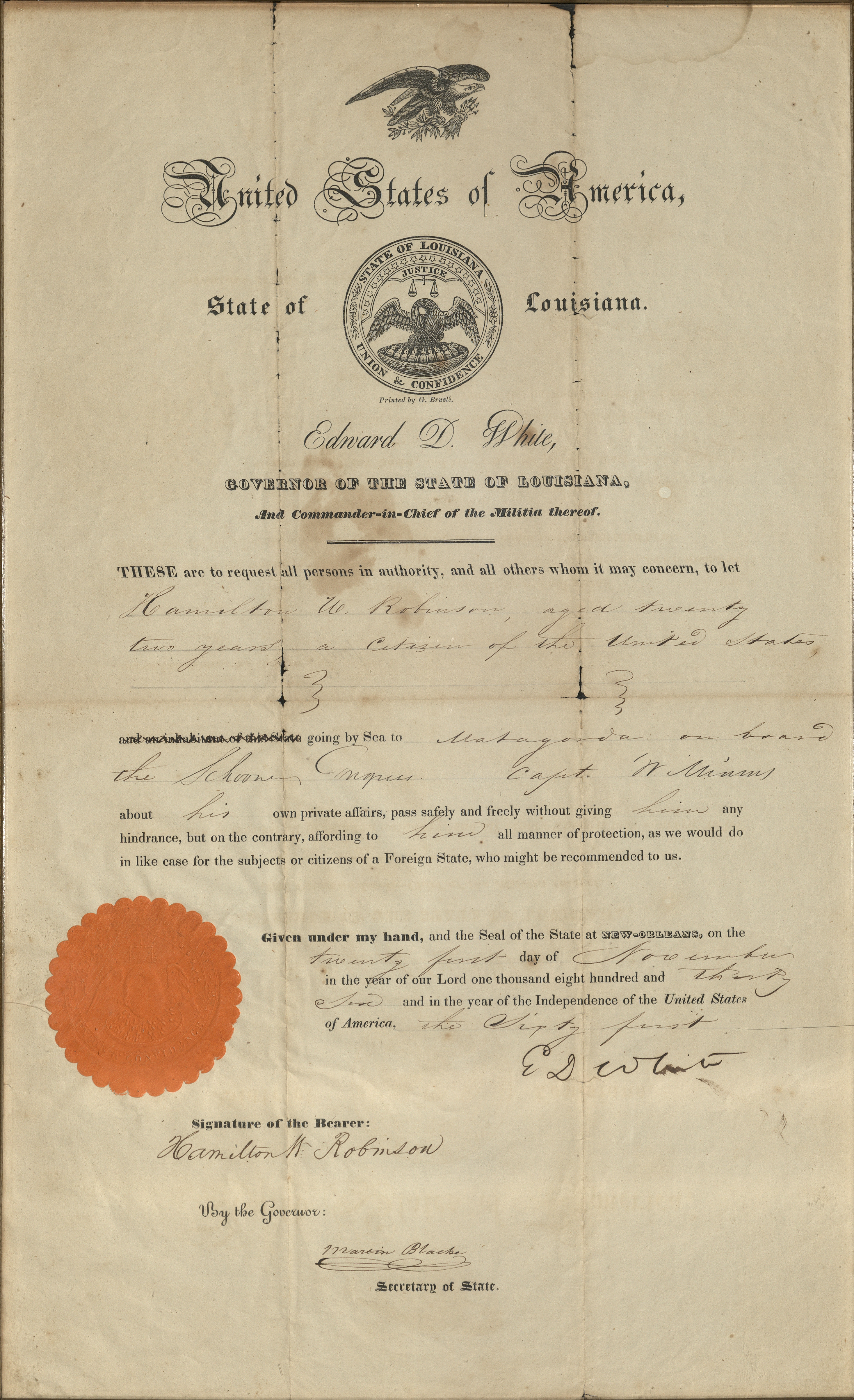 Front page of 1836 passport