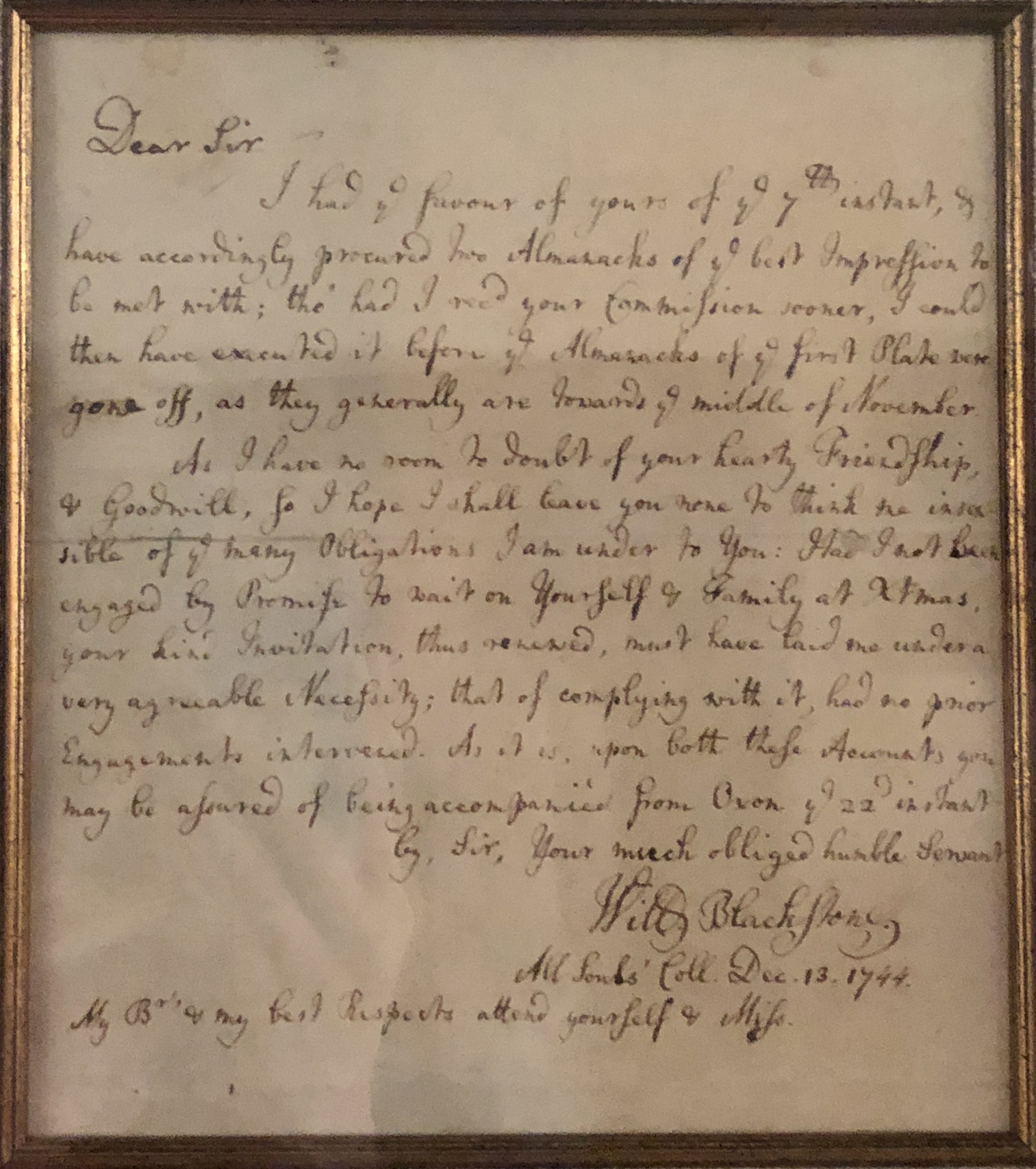 Detail of letter of December 13, 1744 from William Blackstone