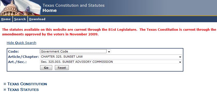 Image of Texas Online Statutes Provided by Texas Legislature Online, Navigation example