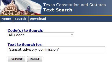 Sample phrase search from the Texas Legislature Online website