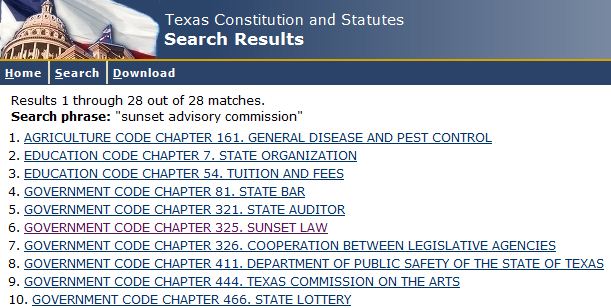 Sample image of search results from Texas Legislature Online search